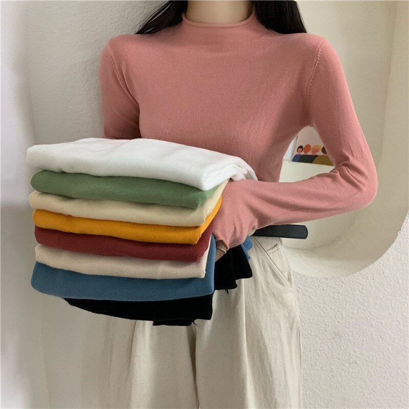 Solid Half Turtleneck Knitted Pullovers Sweaters Women Autumn Winter Primer Shirt Long Sleeve Slim-fit tight Jumper Tops