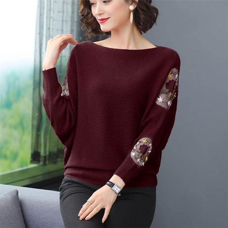 Flower Embroidery Batwing Sleeve O-Neck Spring Sweaters Women Casual Loose Knitted Pullovers  Large Size Knitwear Tops Female