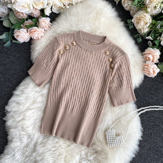 Short Sleeve O-neck High Quality Sweater Shirts With Decorated Buttons Girls Stretchy Crop Tops Sweaters Pullovers For Women