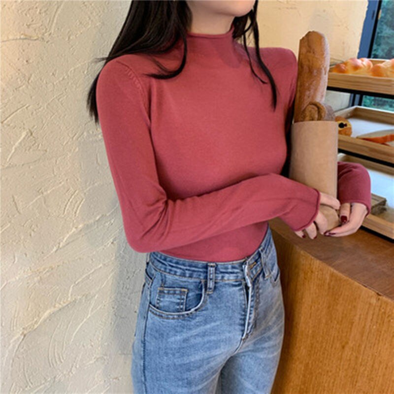 Solid Half Turtleneck Knitted Pullovers Sweaters Women Autumn Winter Primer Shirt Long Sleeve Slim-fit tight Jumper Tops