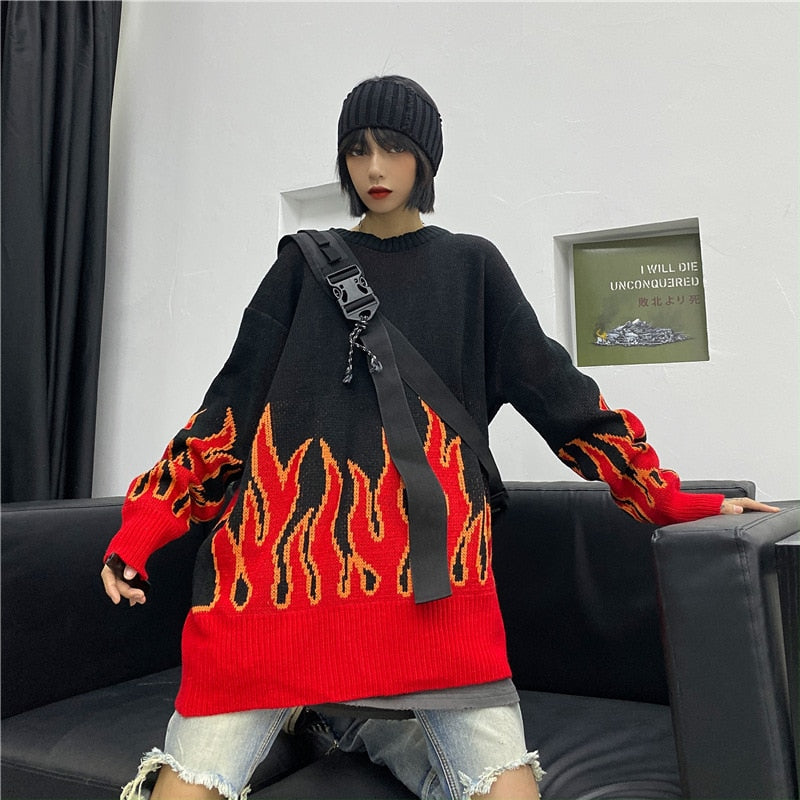 Vintage Flame Sweater Women Kpop Harajuku Knitted Pullover Sweaters for Woman 2020 Winter Warm Oversize Casual Men Female Jumper