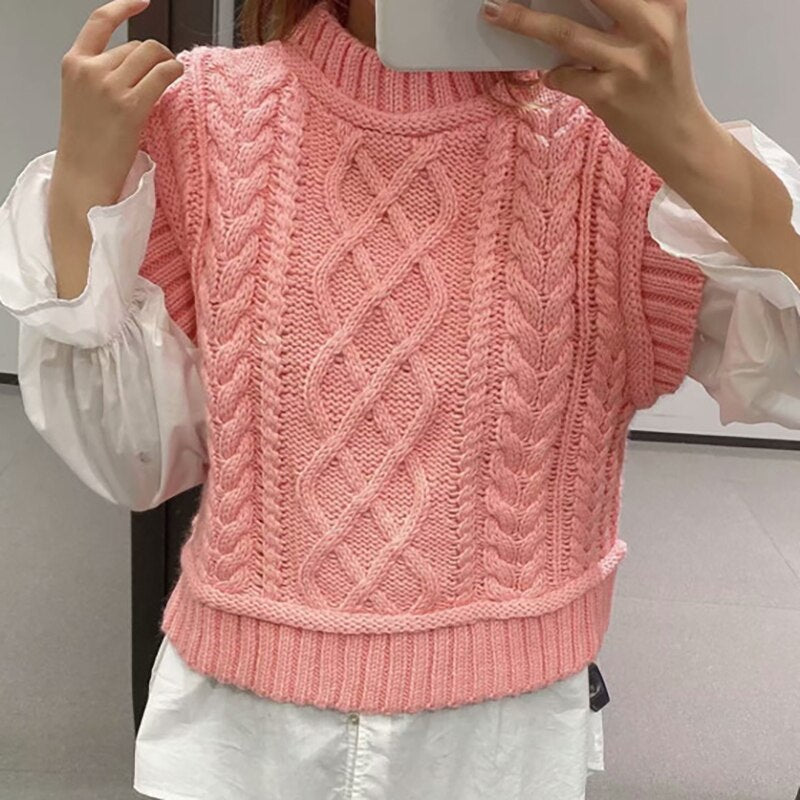 Evfer Women Casual Za Turtleneck Pink Knitted Pullover Vest 2020 Autumn Chic Lady Sleeveless Sweaters Girls Cute Knitted Jumpers
