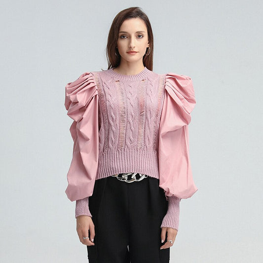 TWOTWINSTYLE Hole Patchwork Sweater For Women O Neck Puff Sleeve Casual Pink Sweaters Female 2022 Spring Fashion New Clothing