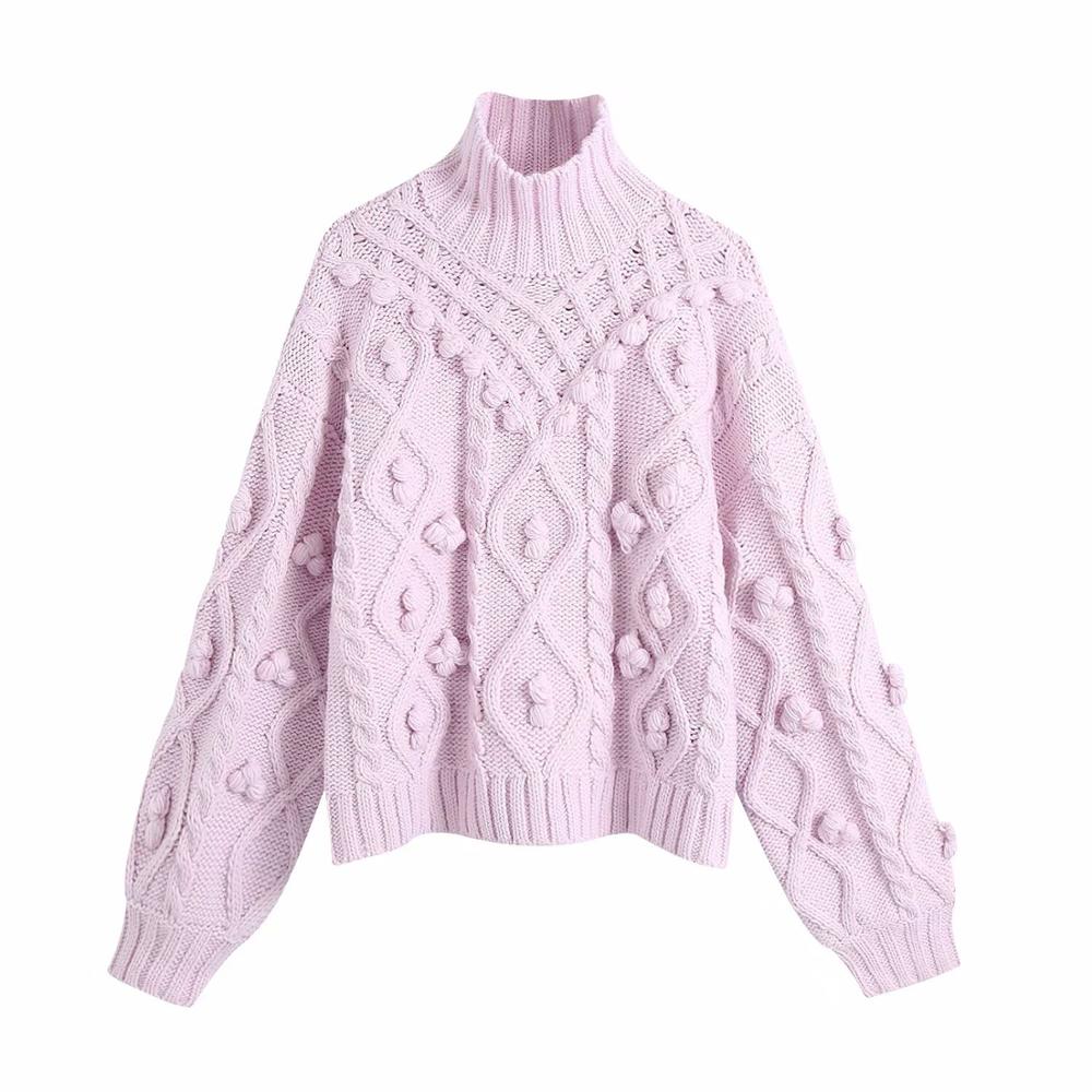 New Fall Winter Women Knit Sweater High Neck Pompom Warm Thicken Chic Pink Women Sweaters Casual Fashion Pullover Tops
