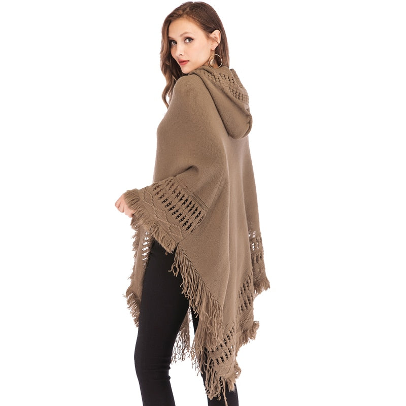 FLORATA Casual Women Sweater Hooded Poncho And Cape Knitted Sweaters Tassel Pullover Solid Sweater Female Poncho And Capes Coat
