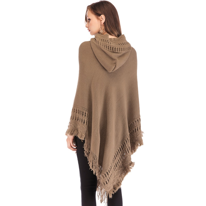 Women's Hooded Tassel Pullover Poncho And Cape Sweater