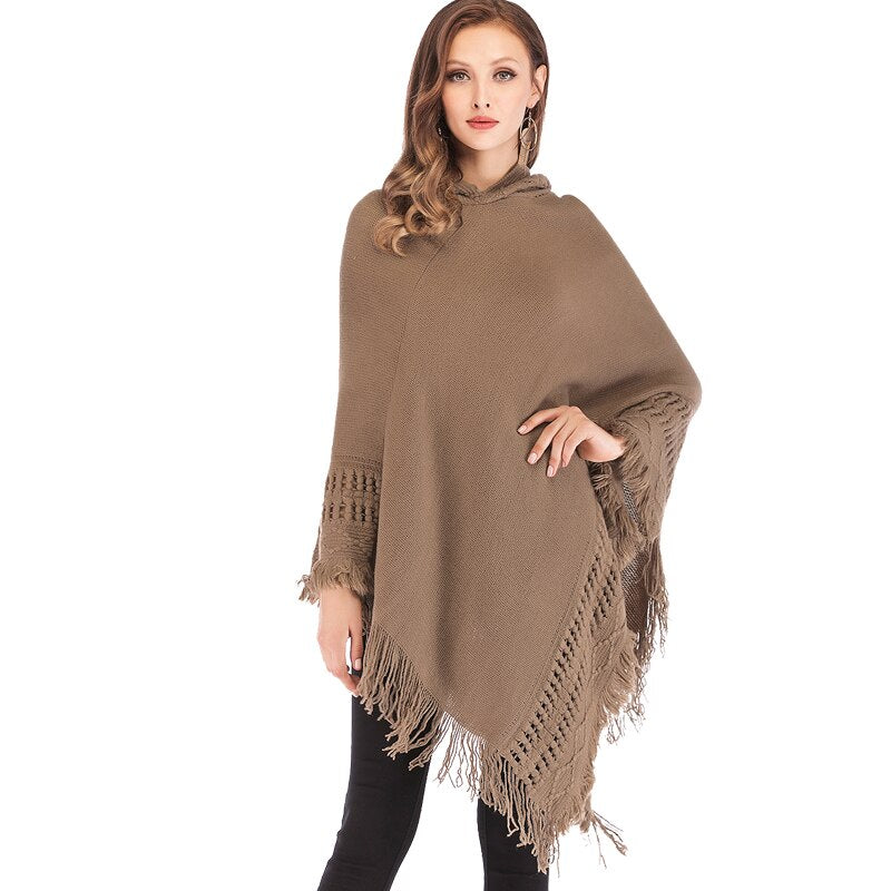FLORATA Casual Women Sweater Hooded Poncho And Cape Knitted Sweaters Tassel Pullover Solid Sweater Female Poncho And Capes Coat