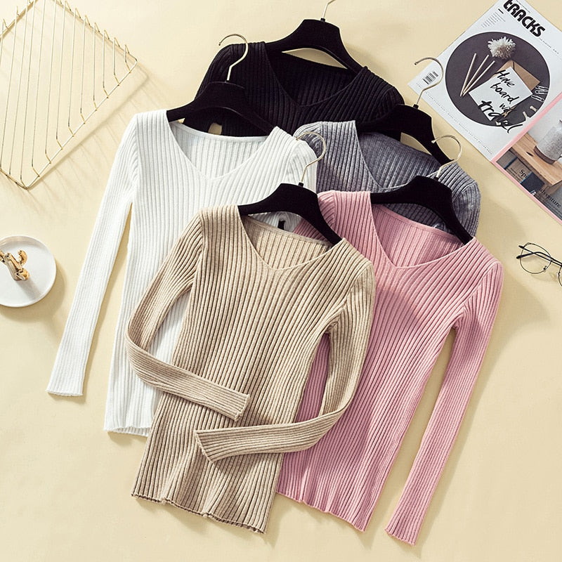 Pullover Knit Sweater Women 2020 Winter Clothes Women Jumper V Neck Soft Rib Knitted Winter Tops Knitwear Pull Femme Sweaters
