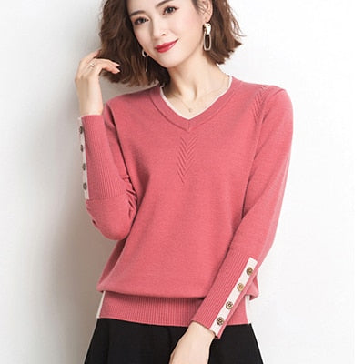 Shintimes V-Neck Button Women Sweater Long Sleeve Slim 2022 Autumn Sweaters Pullovers Womens Clothing Fall Knitted Pull Femme