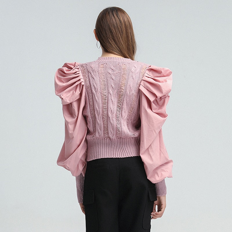 TWOTWINSTYLE Hole Patchwork Sweater For Women O Neck Puff Sleeve Casual Pink Sweaters Female 2022 Spring Fashion New Clothing