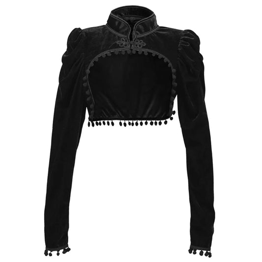 Mid Drift Long Sleeved Black Velvet Steampunk Women's Crop Jacket