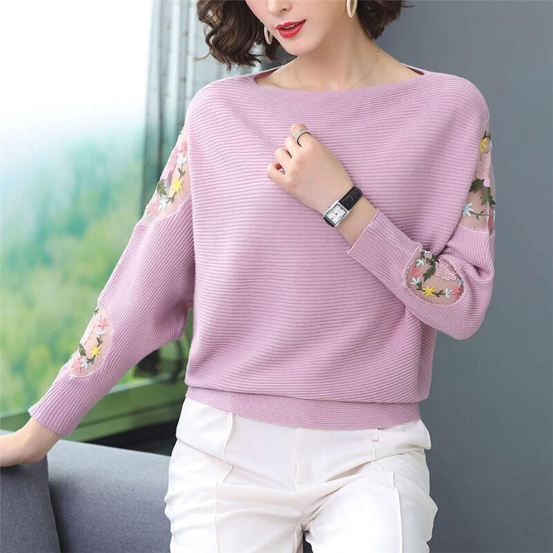 Flower Embroidery Batwing Sleeve O-Neck Spring Sweaters Women Casual Loose Knitted Pullovers  Large Size Knitwear Tops Female