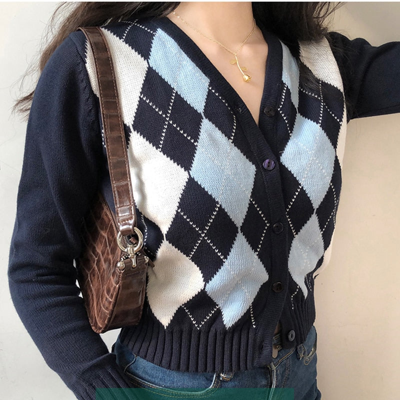 Vintage V-Neck Plaid Long Sleeve Women Sweater 2022 Autumn Winter Short Knitted Cardigan Sweaters Womes England Style Tops
