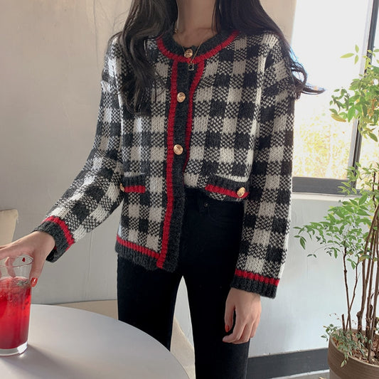 Plaid Knit Cardigan Women's Sweater Jacket