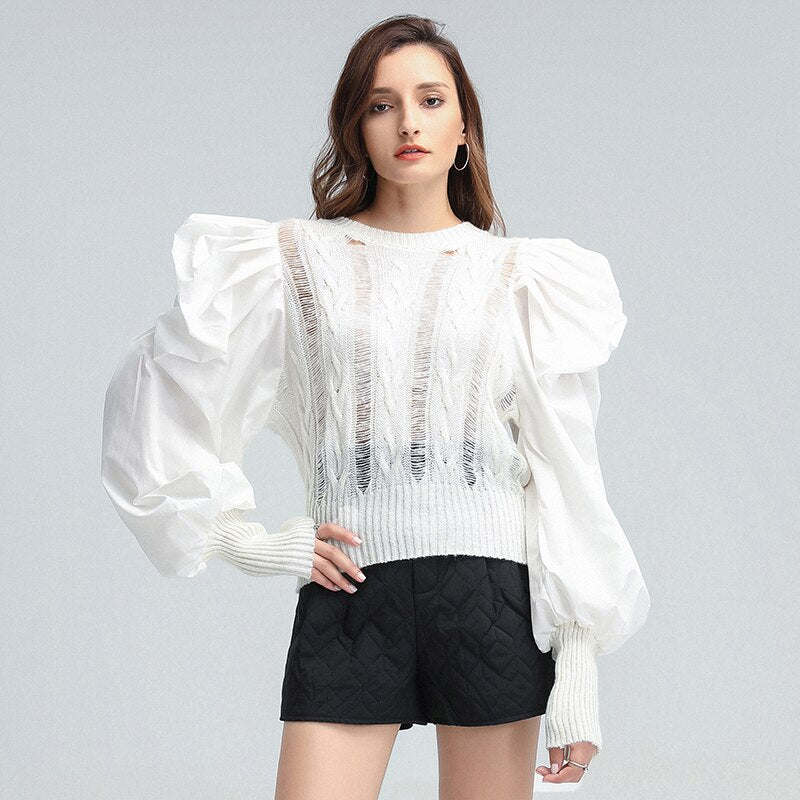 TWOTWINSTYLE Hole Patchwork Sweater For Women O Neck Puff Sleeve Casual Pink Sweaters Female 2022 Spring Fashion New Clothing