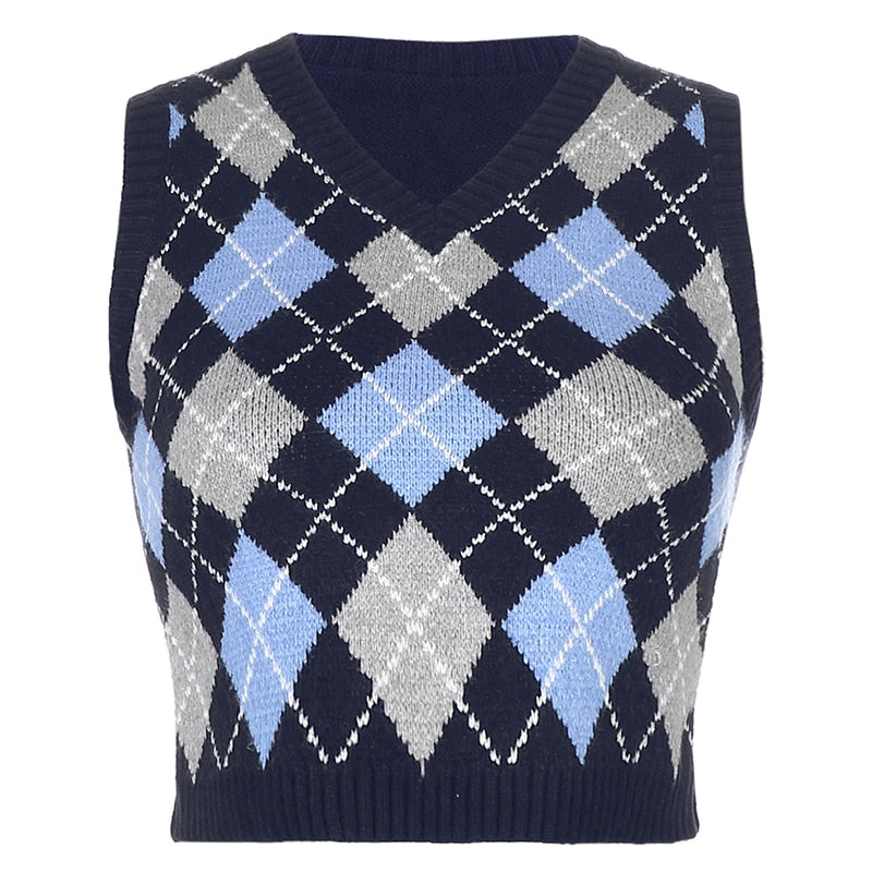 HEYounGIRL V Neck Vintage Argyle Sweater Vest Women Black Sleeveless Plaid Knitted Crop Sweaters Casual Autumn Preppy Style