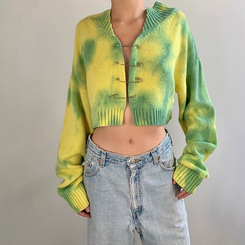 Cryptographic Fall 2022 Girls Green Oversized Cardigan Crop Top Sweater Knitted Cute Long Sleeve Pins Sweaters Tie Dye Cartigans