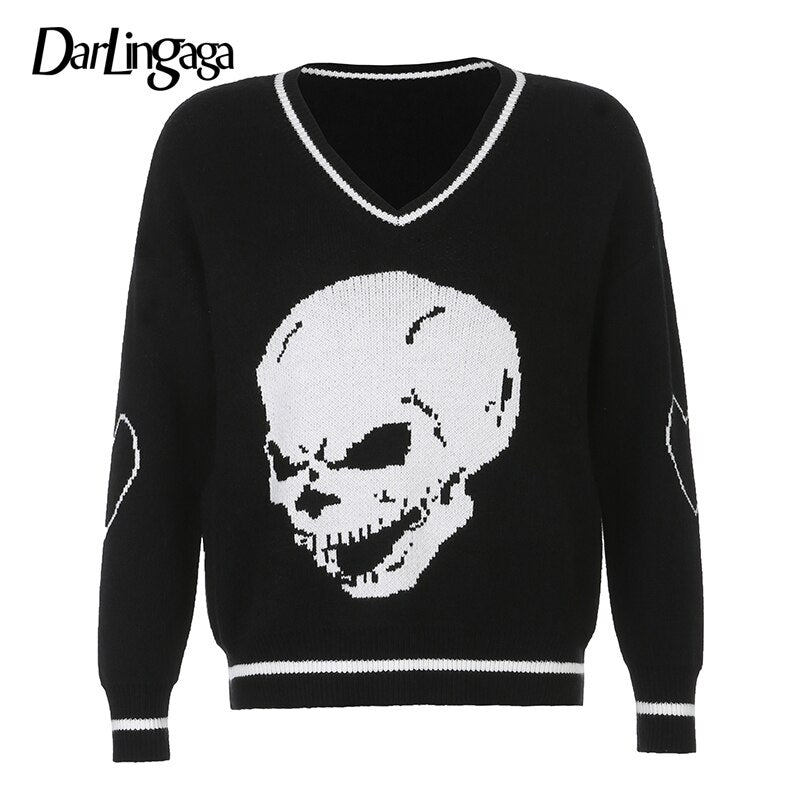 Darlingaga Harajuku Skull Print Y2K Loose Autumn Winter Sweater Women Pullovers Casual Knitwear Jumpers 2020 Korean Sweaters New