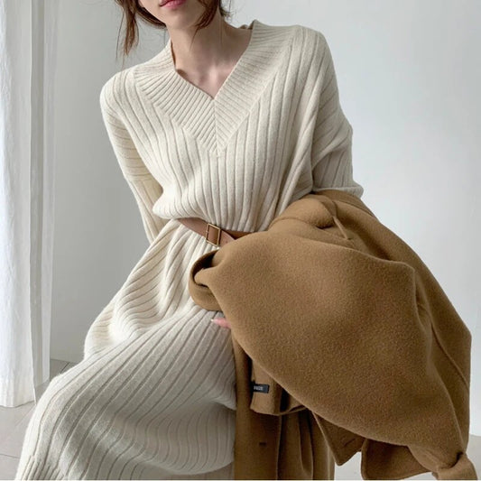 New Autumn Long Sleeve Loose Maxi Oversize Knitted Women Dress Sweater