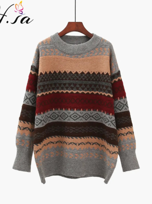 H.SA 2022 Women Vintage Sweater Pullover Knit Jumpers Loose Striped Pull Jumpers Korean Style Knitwear Casual Top Argyle Sweater
