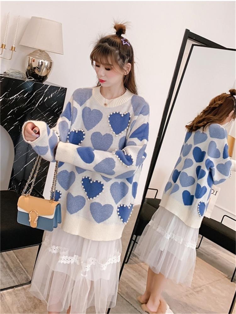 H.SA Women Knitted Sweater and Pullovers Oneck Pearls Beading Sweaters Sweet Heart Pull Jumpers Long Sleeve Kawaii Pull Femme