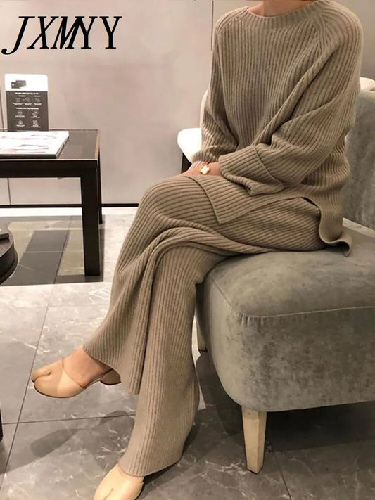 JXMYY 2022 New Fashion Winter Women's Thicken Warm Knitted Pullover Sweater Two-Piece Suits +High Waist Loose Wide Leg Pants Set