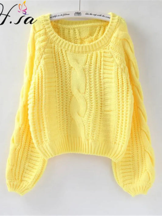 H.SA Roupas Femininas Women Pull Sweaters 2021 New Yellow Sweater Jumpers Candy Color Harajuku Chic Short Sweater Twisted Pull