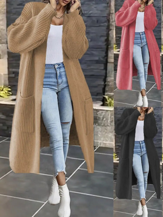 Cardigan Women Long Knitted Casual Vintage Solid Color Loose Sweater Coat Fashion Basic All-Match Solid Cardigans New 2022