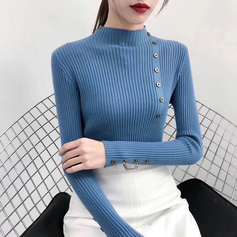 2022 Women Autumn Knitted Slim Sweaters Solid Knitted Female Cotton Soft Elastic Color Pullovers Button Full Sleeve Turtleneck