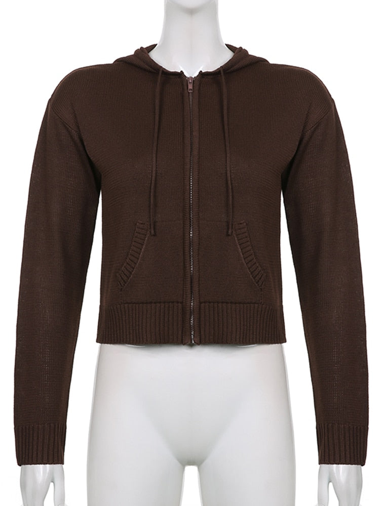 Sweetown Vintage Brown Solid Hooded Y2K Sweaters Women Autumn Winter Lantern Sleeve Zip Up Jacket Cardigan Knitted Hoodies 2022