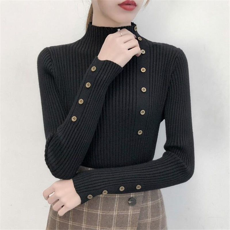 2022 Women Autumn Knitted Slim Sweaters Solid Knitted Female Cotton Soft Elastic Color Pullovers Button Full Sleeve Turtleneck