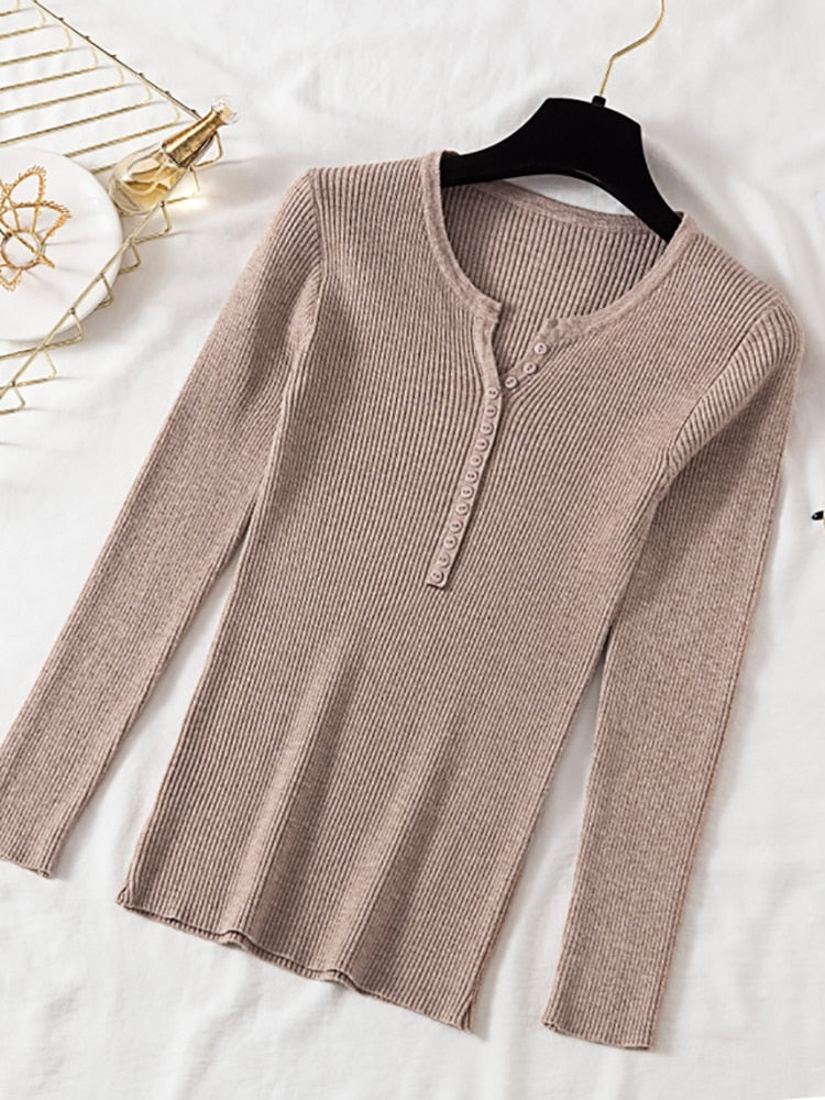 AOSSVIAO 2022 Autumn Winter Button V Neck Sweater Women Basic Slim Pullover Women Sweaters And Pullovers Knit Jumper Ladies Tops