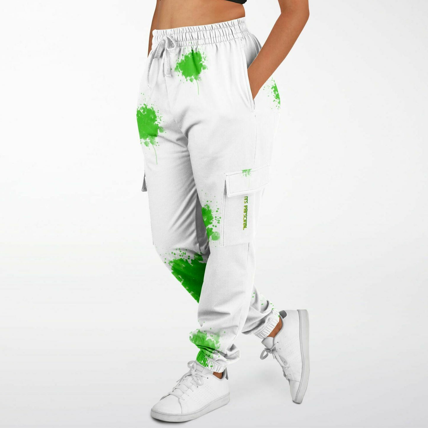 It's Personal White Sweat Pants with Greem Paint Splash- Green and Yellow Text