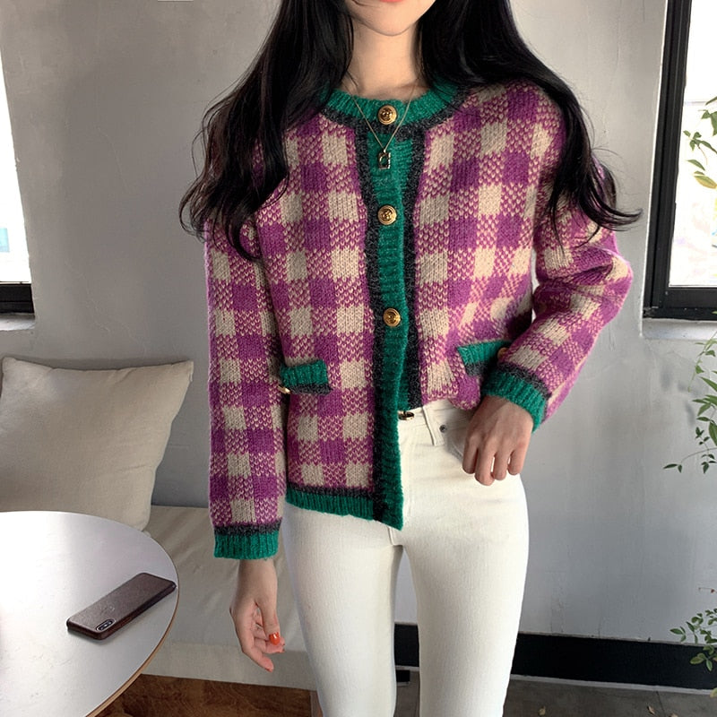 Alien Kitty 2020 Korean Spring Knitted Sweaters Lady Vintage Plaid Knit Cardigan Female Fashion Sweater Coat for Women Clothing