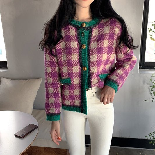 Plaid Knit Cardigan Women's Sweater Jacket