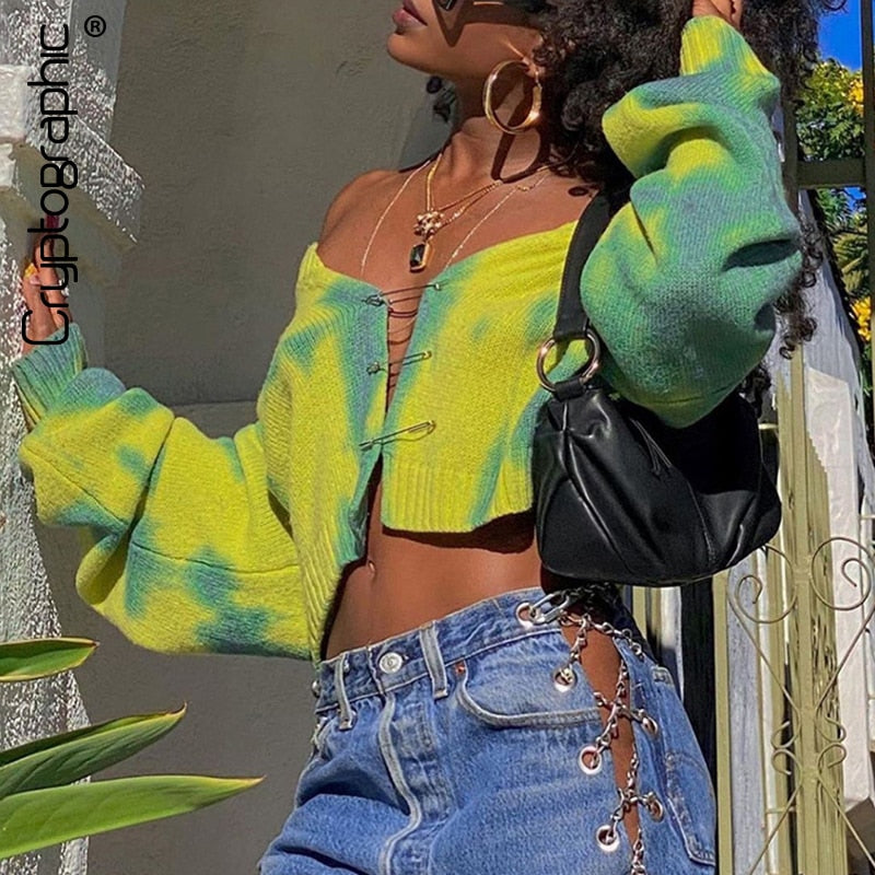 Cryptographic Fall 2022 Girls Green Oversized Cardigan Crop Top Sweater Knitted Cute Long Sleeve Pins Sweaters Tie Dye Cartigans