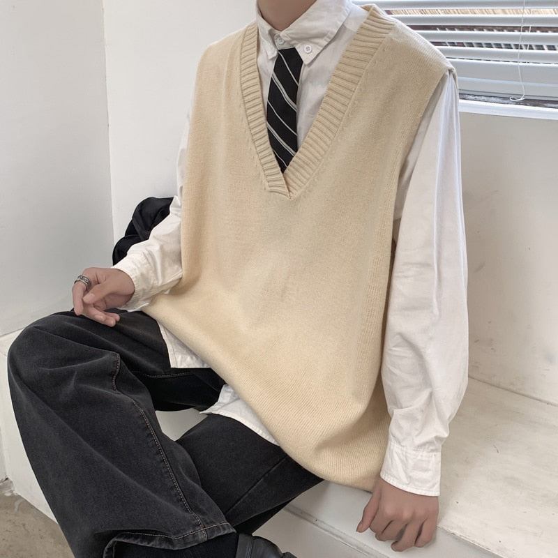 Autumn Sweater Vest Men's Fashion Retro Casual Knitted Pullover Men Wild Loose Korean Knitting Sweaters Mens Clothes M-2XL