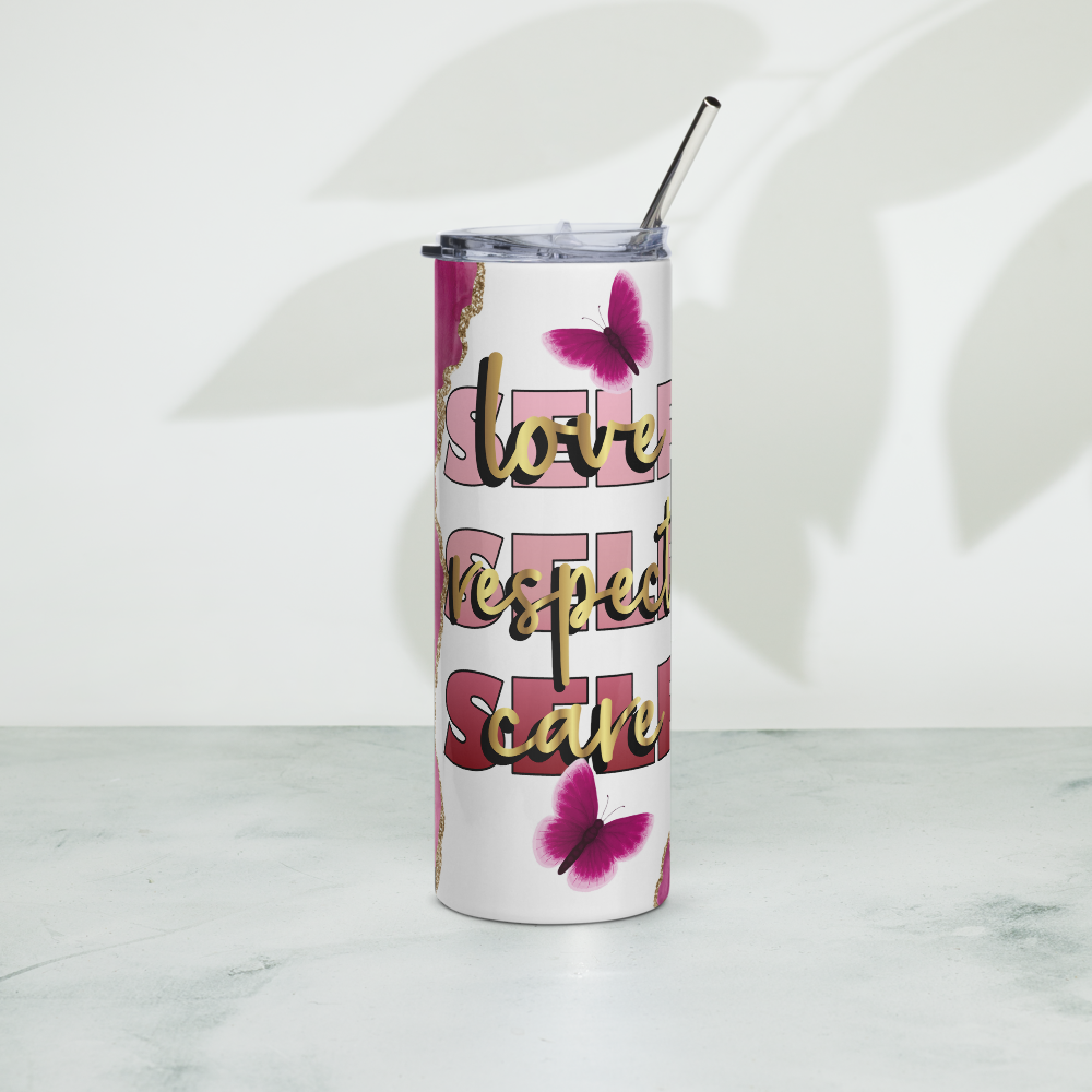Stainless Steel Tumbler - Pink and Glitter Gold - SELF LOVE RESPECT CARE
