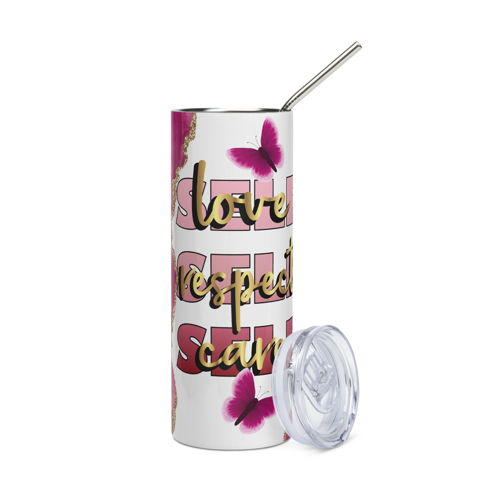 Stainless Steel Tumbler - Pink and Glitter Gold - SELF LOVE RESPECT CARE
