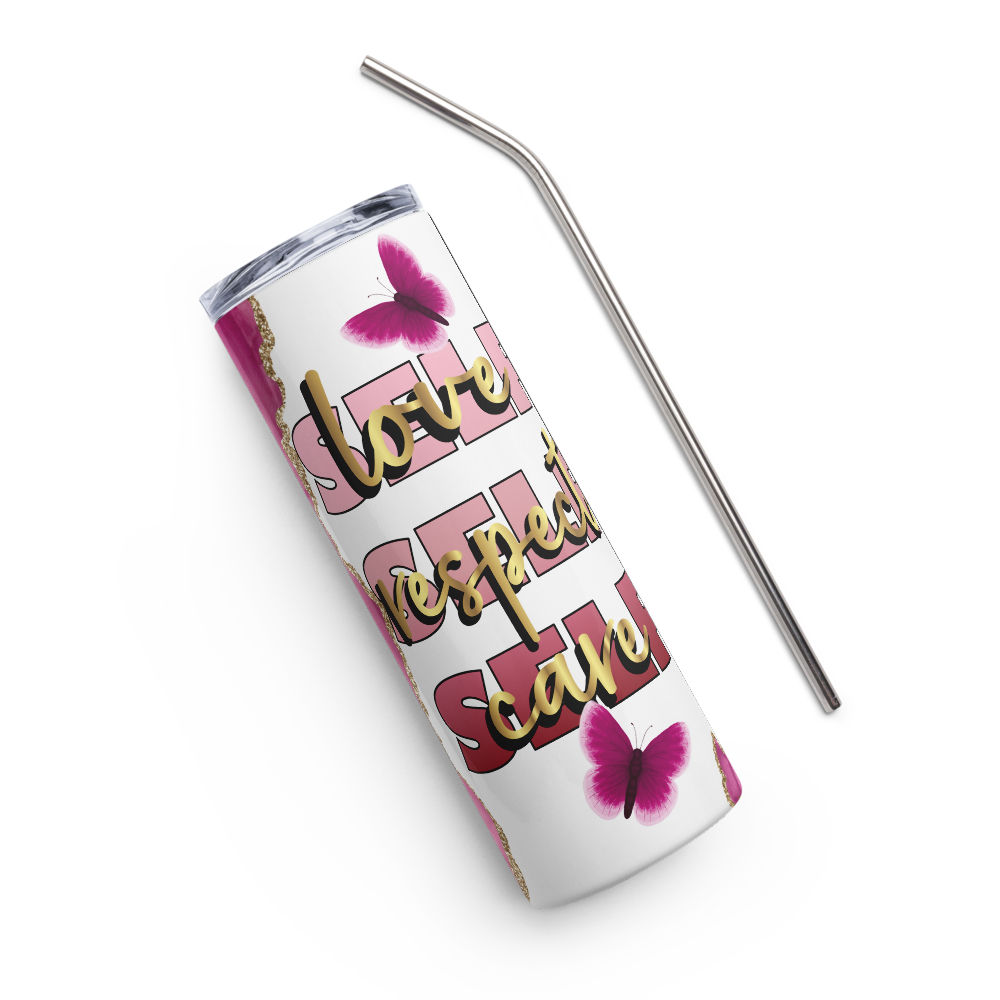 Stainless Steel Tumbler - Pink and Glitter Gold - SELF LOVE RESPECT CARE