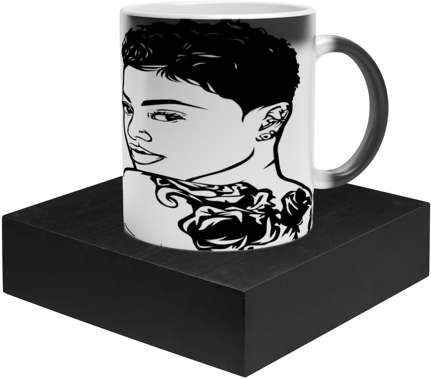 Magic 11oz Black Ceramic Mug - Image Reveal-  Image can be positioned left, right or centered - When a hot beverage is added, the mug reveals your beautiful artwork!