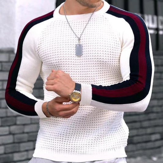 Spring Autumn Fashion Striped Patchwork Sweater Men Casual Long Sleeve Waffed Knitting Tops Mens Trend Slim Sweaters Streetwear