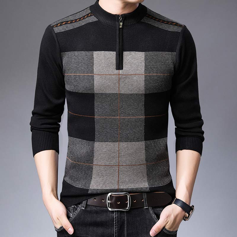 Men's Striped Plaid Top Zipper Sweater