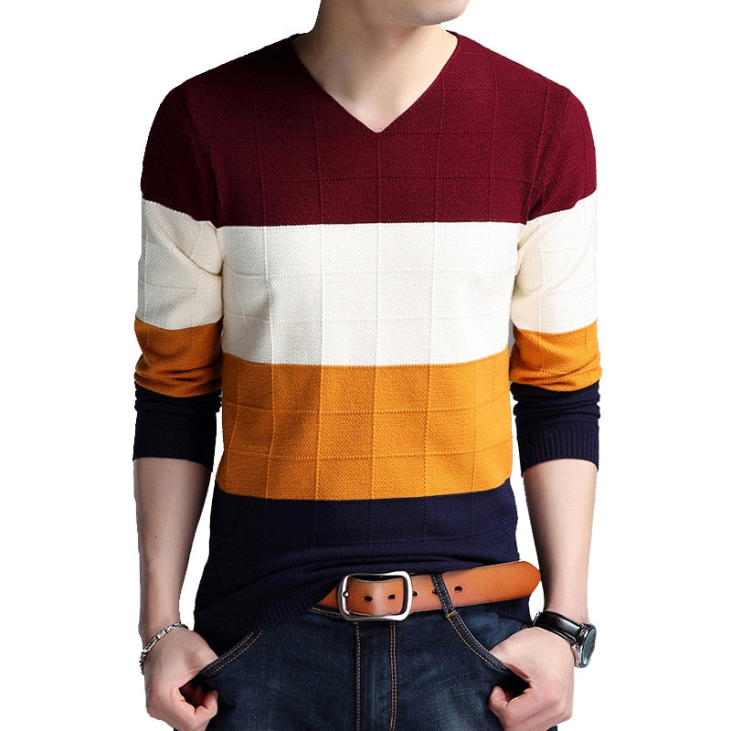 TFETTERS Brand-sweater Autumn Men's Long Sleeve T-shirt New V-neck Slim Sweaters Knitted Striped Bottom Shirt Large Size M-4XL