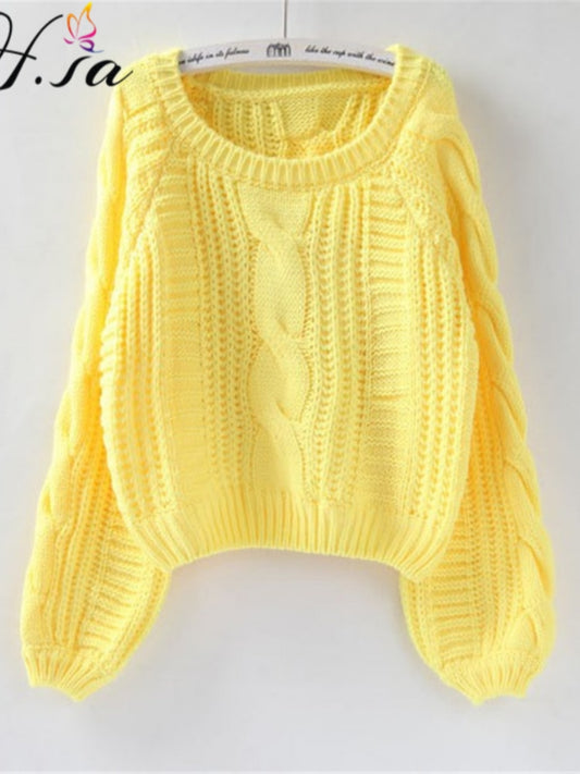 H.SA Roupas Femininas Women Pull Sweaters 2021 New Yellow Sweater Jumpers Candy Color Harajuku Chic Short Sweater Twisted Pull