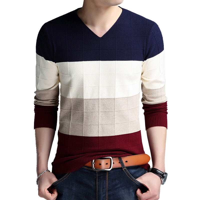 V-neck Striped Bottom Men's Fit Sweater