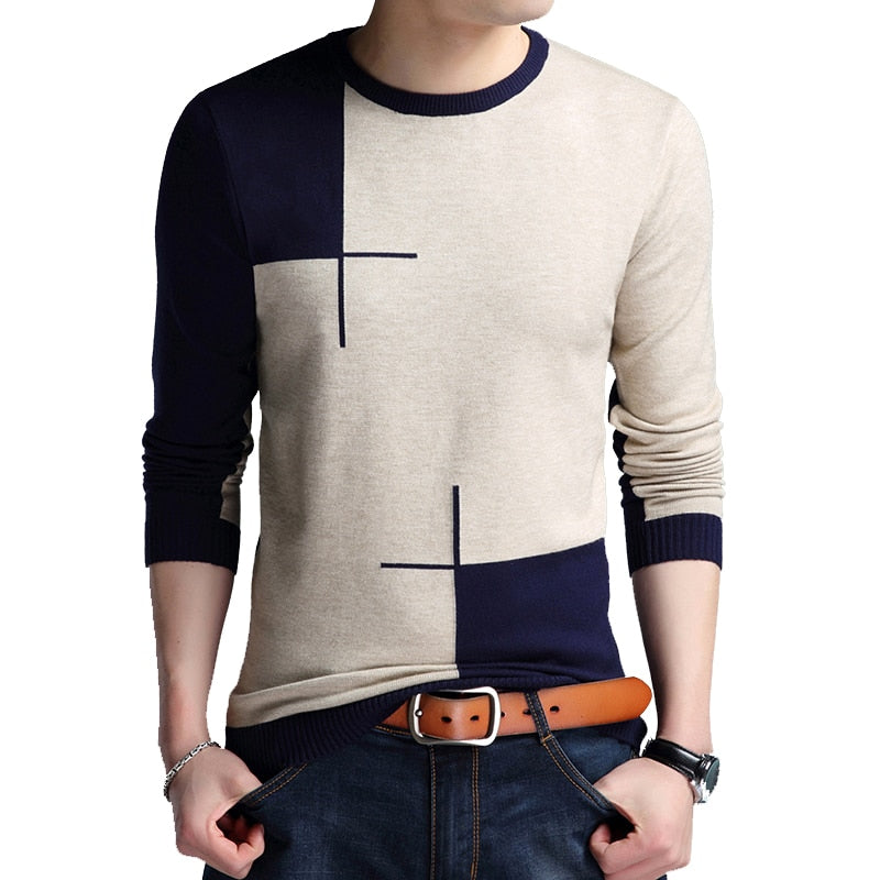 BROWON Men Brand Sweater Spring Autumn Men's Long-sleeved Sweate O-neck Edited Knit Shirt Thin Hit-colored Slim Sweaters Men