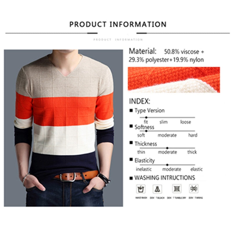 TFETTERS Brand-sweater Autumn Men's Long Sleeve T-shirt New V-neck Slim Sweaters Knitted Striped Bottom Shirt Large Size M-4XL
