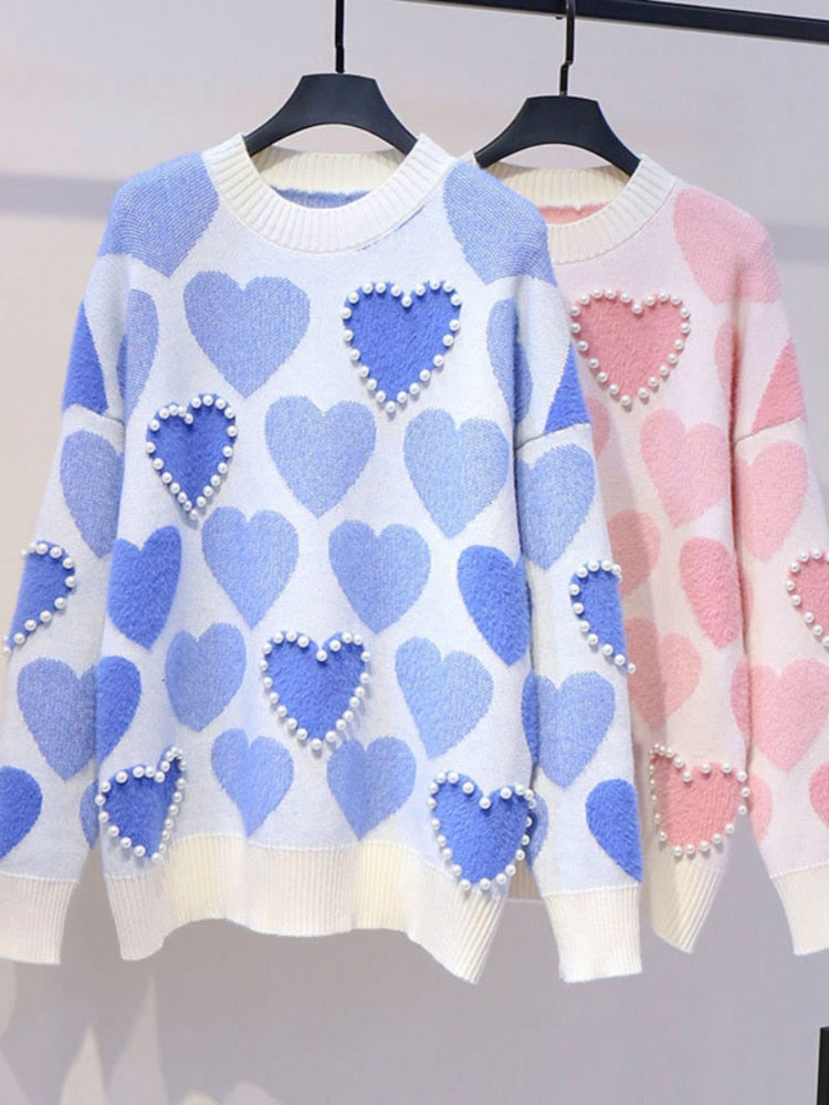 H.SA Women Knitted Sweater and Pullovers Oneck Pearls Beading Sweaters Sweet Heart Pull Jumpers Long Sleeve Kawaii Pull Femme