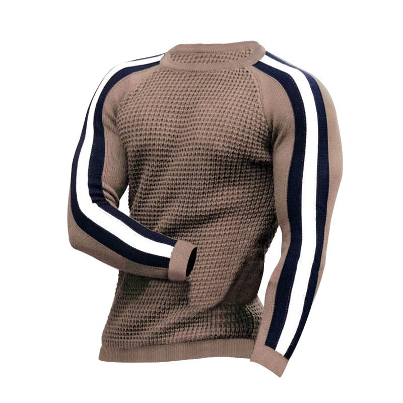 Spring Autumn Fashion Striped Patchwork Sweater Men Casual Long Sleeve Waffed Knitting Tops Mens Trend Slim Sweaters Streetwear